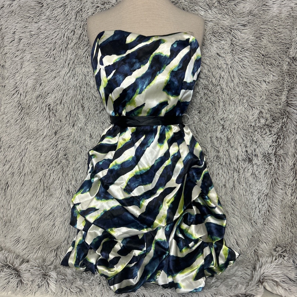 Strapless Y2K Party Cocktail Mini Dress Belted Multicolor Satin Prom Size 13‎